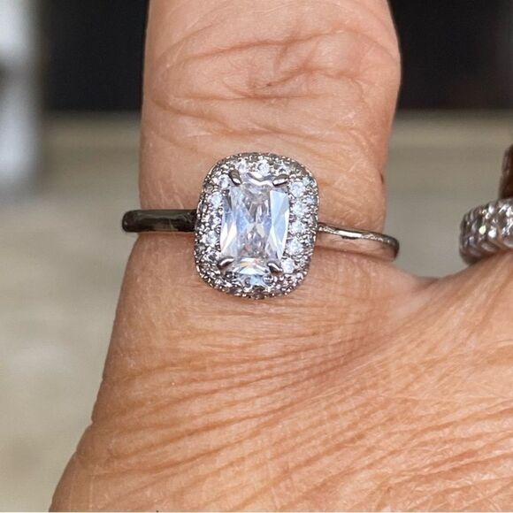 925 Sterling Silver & Cubic Zirconia Emerald Cut Halo Ring - Picture 4 of 9